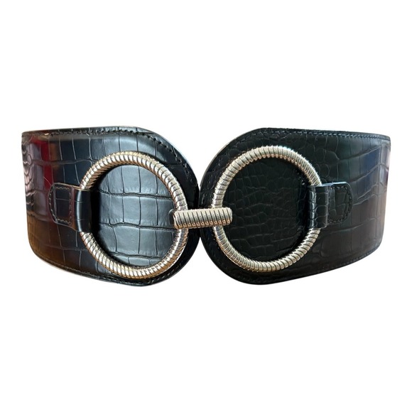 Wide Black Crocodile Embossed Faux Leather Belt with Silver Buckle M/L - Picture 1 of 7